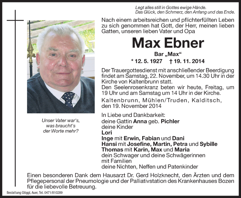  Traueranzeige für Max Ebner vom 21.11.2014 aus Dolomiten