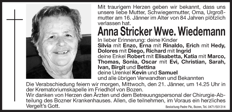  Traueranzeige für Anna Wiedemann vom 20.01.2015 aus Dolomiten