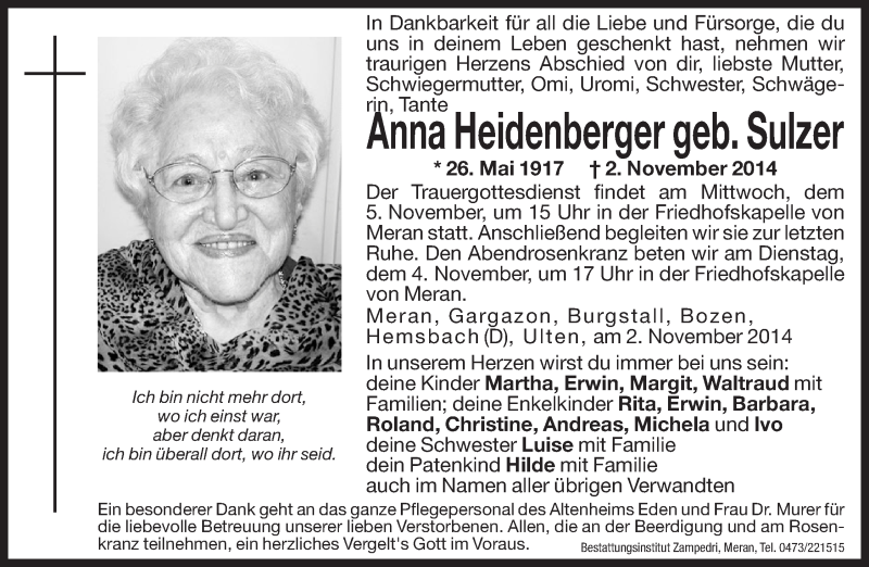  Traueranzeige für Anna Heidenberger vom 03.11.2014 aus Dolomiten