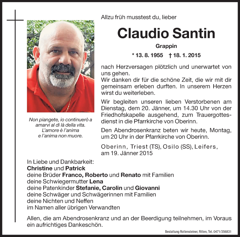  Traueranzeige für Claudio Santin vom 19.01.2015 aus Dolomiten