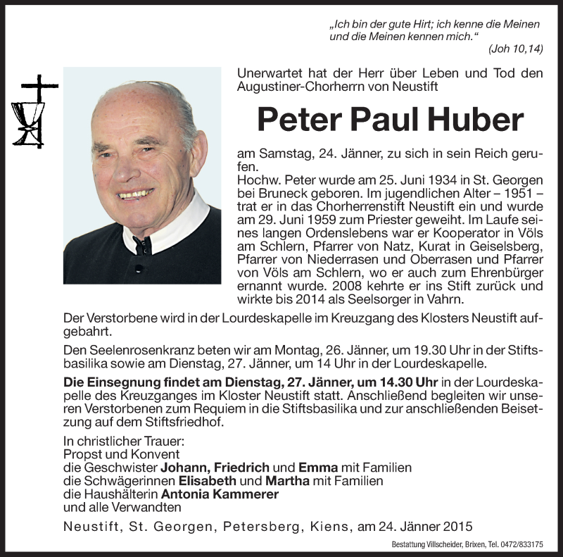  Traueranzeige für Peter Paul Huber vom 26.01.2015 aus Dolomiten