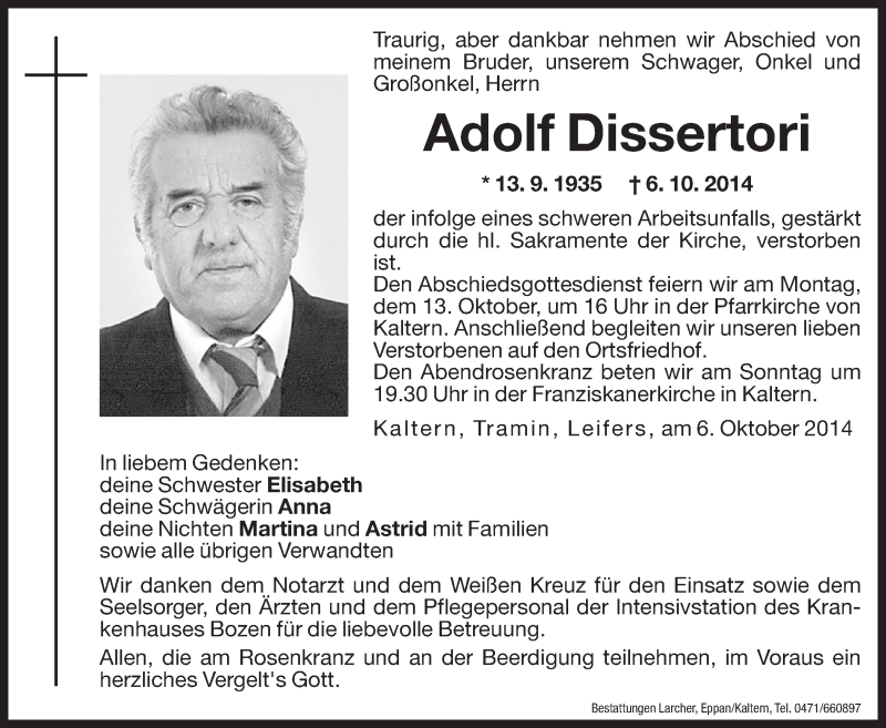  Traueranzeige für Adolf Dissertori vom 11.10.2014 aus Dolomiten