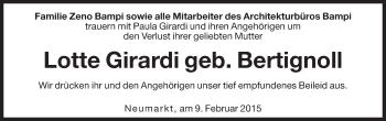 Traueranzeige von Lotte Girardi von Dolomiten