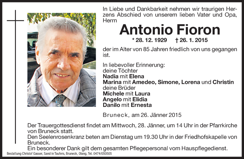  Traueranzeige für Antonio Fioron vom 27.01.2015 aus Dolomiten