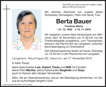 Traueranzeige von Berta Bauer von Dolomiten