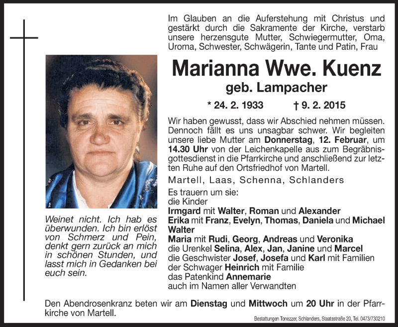  Traueranzeige für Marianna Kuenz vom 10.02.2015 aus Dolomiten