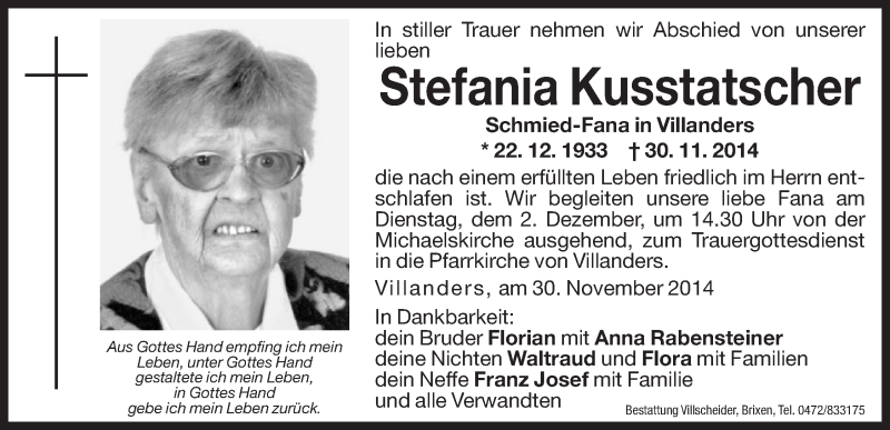  Traueranzeige für Stefania Kusstatscher vom 02.12.2014 aus Dolomiten