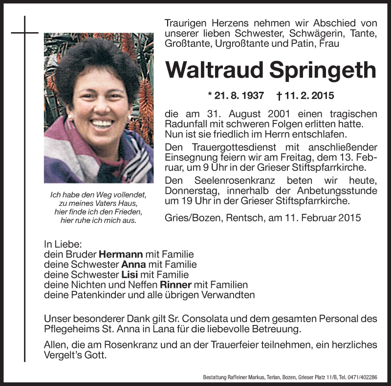  Traueranzeige für Waltraud Springeth vom 12.02.2015 aus Dolomiten