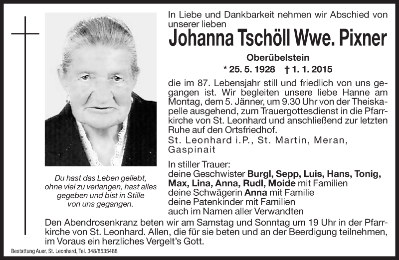  Traueranzeige für Johanna Pixner vom 03.01.2015 aus Dolomiten