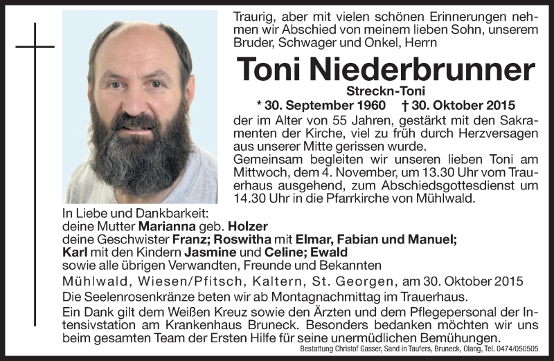  Traueranzeige für Toni Niederbrunner vom 02.11.2015 aus Dolomiten