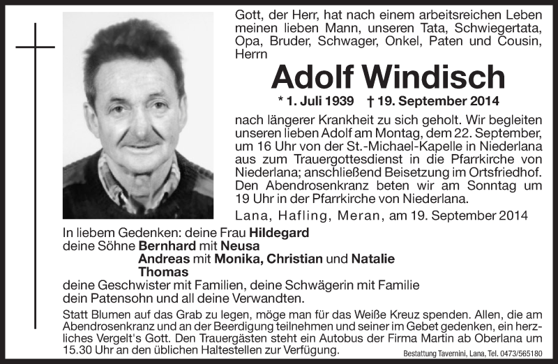  Traueranzeige für Adolf Windisch vom 20.09.2014 aus Dolomiten