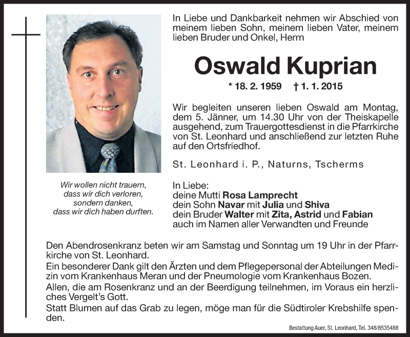  Traueranzeige für Oswald Kuprian vom 03.01.2015 aus Dolomiten