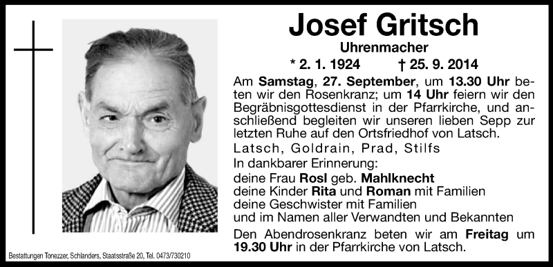  Traueranzeige für Josef Gritsch vom 26.09.2014 aus Dolomiten