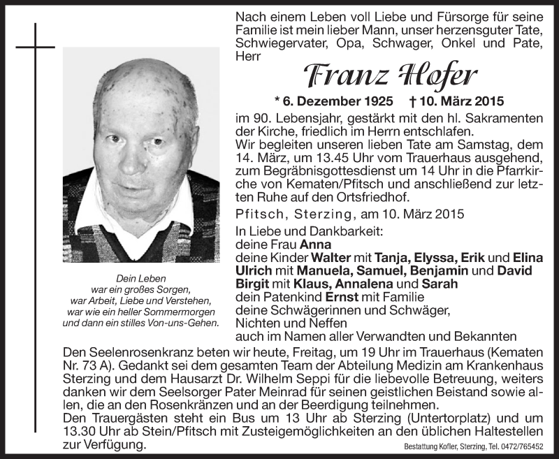  Traueranzeige für Franz Hofer vom 13.03.2015 aus Dolomiten