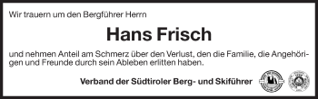 Traueranzeige von Hans Frisch von Dolomiten