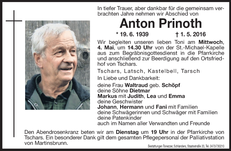  Traueranzeige für Anton Prinoth vom 03.05.2016 aus Dolomiten