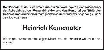 Traueranzeige von Heinrich Kemenater von Dolomiten