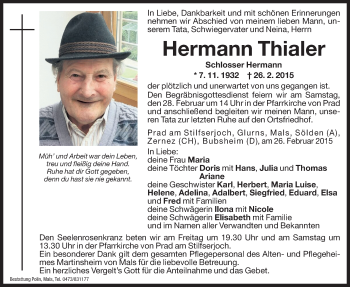 Traueranzeige von Hermann Thialer von Dolomiten
