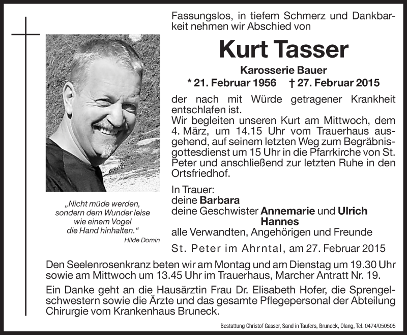  Traueranzeige für Kurt Tasser vom 02.03.2015 aus Dolomiten