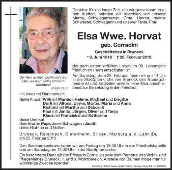 Traueranzeige von Elsa Horvat von Dolomiten