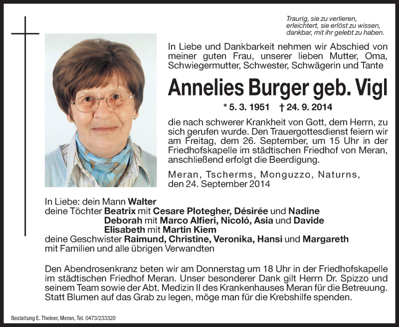  Traueranzeige für Annelies Burger vom 25.09.2014 aus Dolomiten