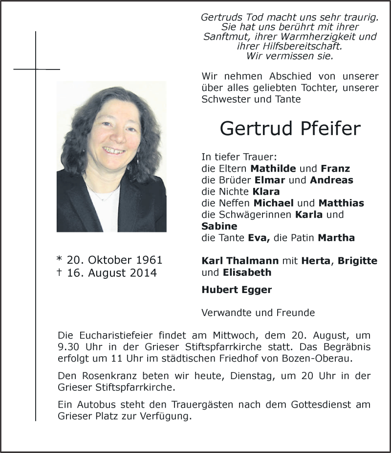  Traueranzeige für Gertrud Pfeifer vom 19.08.2014 aus Dolomiten