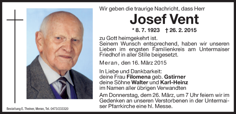  Traueranzeige für Josef Vent vom 16.03.2015 aus Dolomiten