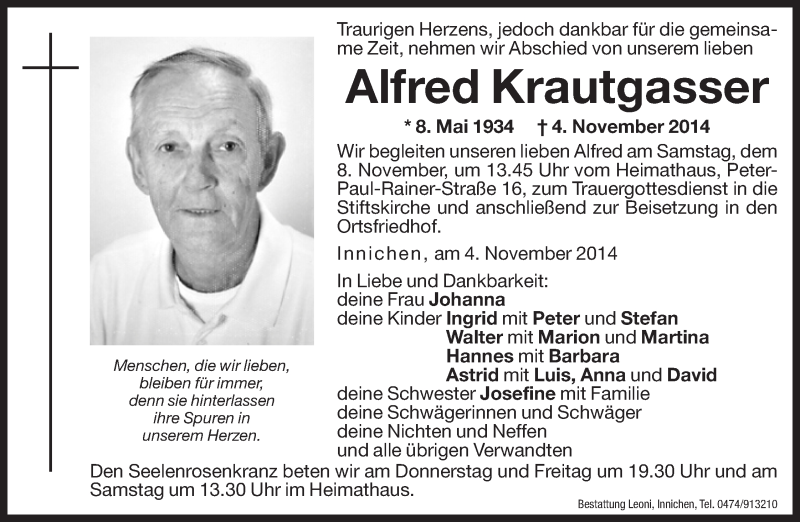  Traueranzeige für Alfred Krautgasser vom 06.11.2014 aus Dolomiten