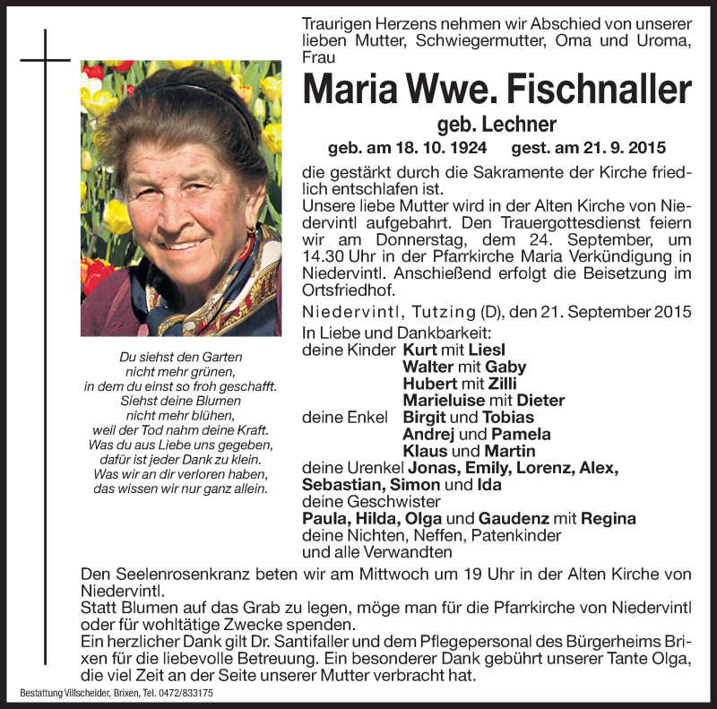  Traueranzeige für Maria Fischnaller vom 23.09.2015 aus Dolomiten