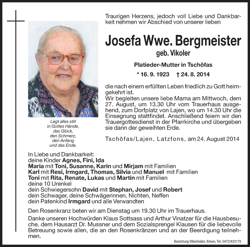  Traueranzeige für Josefa Bergmeister vom 26.08.2014 aus Dolomiten