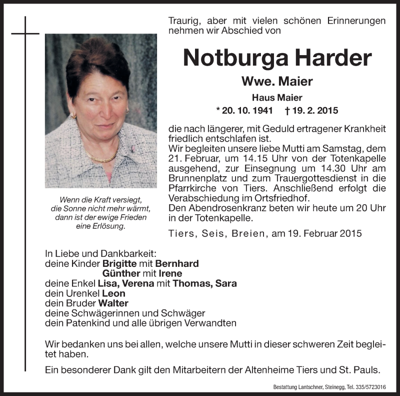  Traueranzeige für Notburga Maier vom 20.02.2015 aus Dolomiten