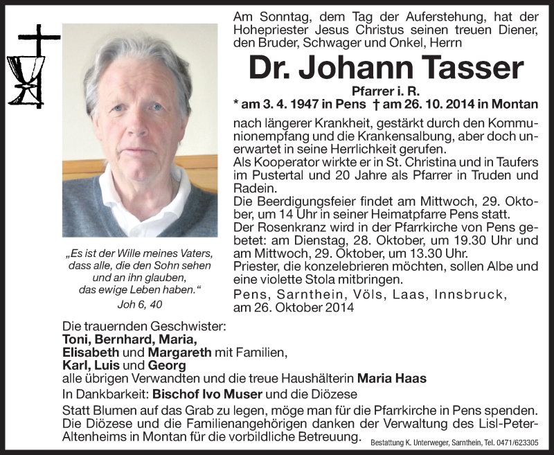  Traueranzeige für Johann Tasser vom 28.10.2014 aus Dolomiten