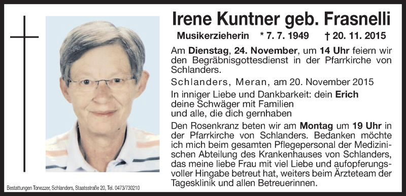  Traueranzeige für Irene Kuntner vom 23.11.2015 aus Dolomiten