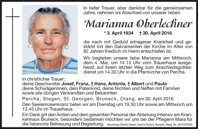  Traueranzeige für Marianna Oberlechner vom 03.05.2016 aus Dolomiten