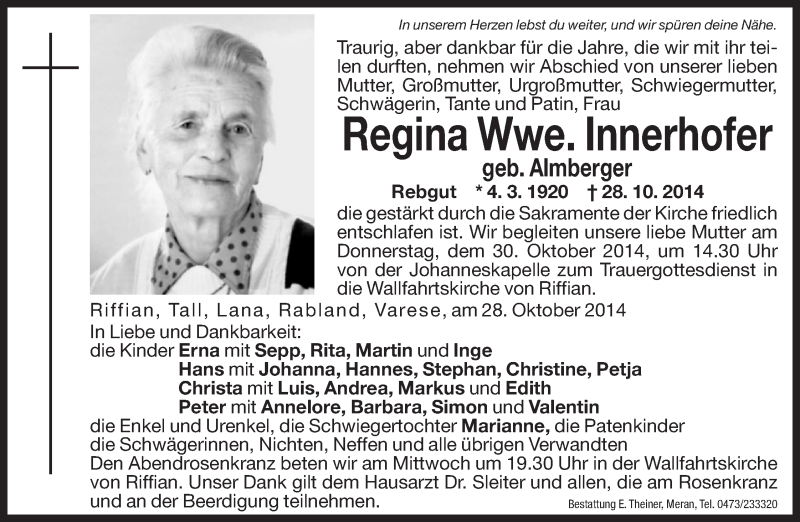  Traueranzeige für Regina Innerhofer vom 29.10.2014 aus Dolomiten