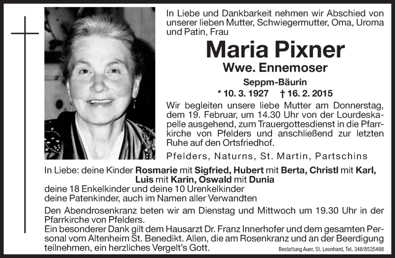  Traueranzeige für Maria Ennemoser vom 17.02.2015 aus Dolomiten