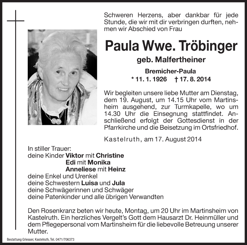  Traueranzeige für Paula Tröbinger vom 18.08.2014 aus Dolomiten