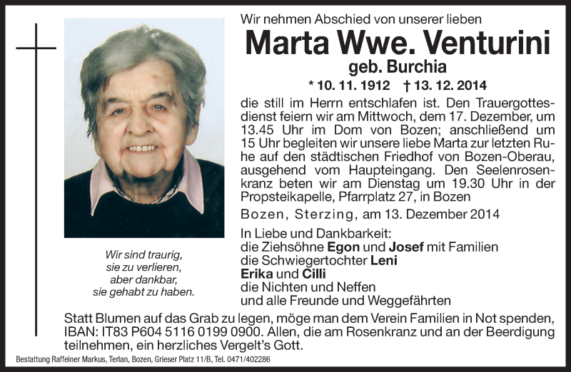  Traueranzeige für Marta Venturini vom 15.12.2014 aus Dolomiten