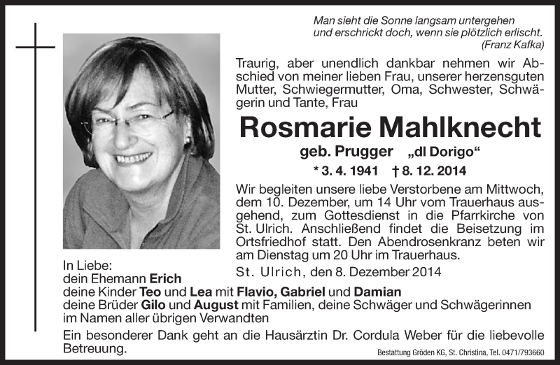  Traueranzeige für Rosmarie Mahlknecht vom 09.12.2014 aus Dolomiten