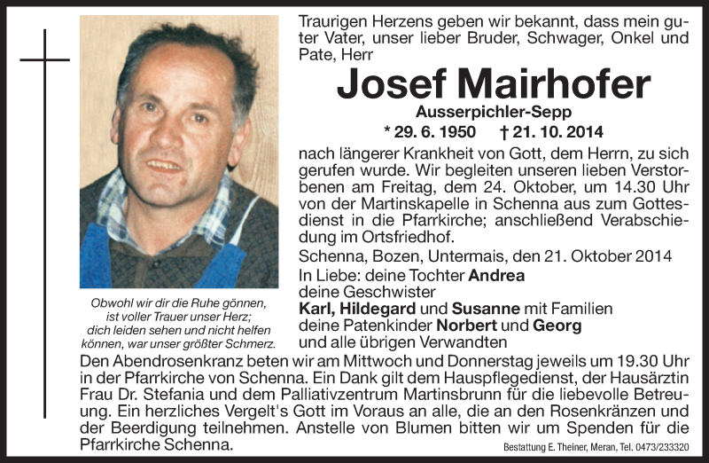  Traueranzeige für Josef Mairhofer vom 22.10.2014 aus Dolomiten