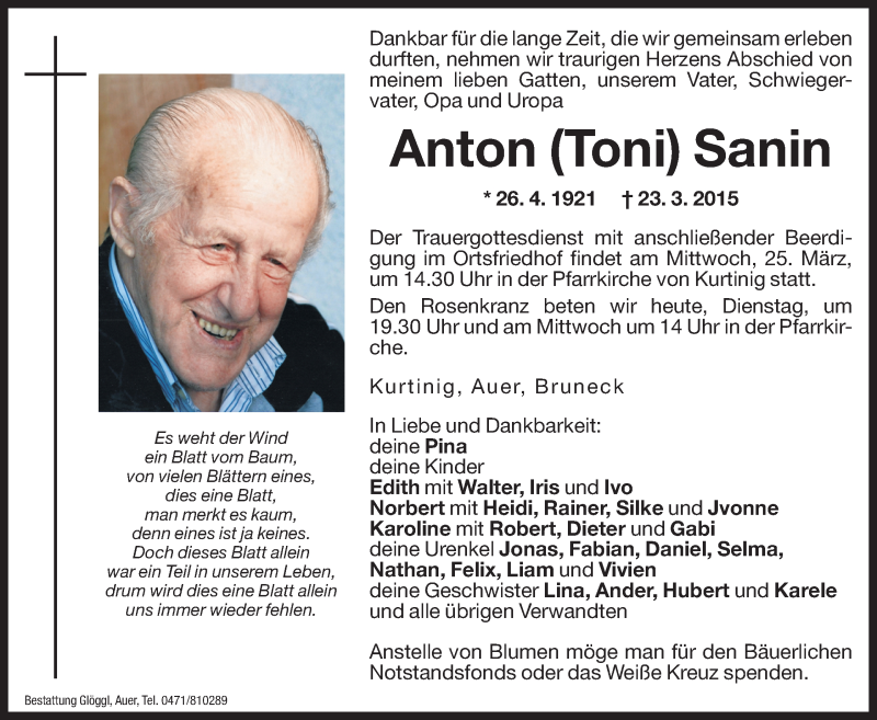  Traueranzeige für Anton Sanin vom 24.03.2015 aus Dolomiten