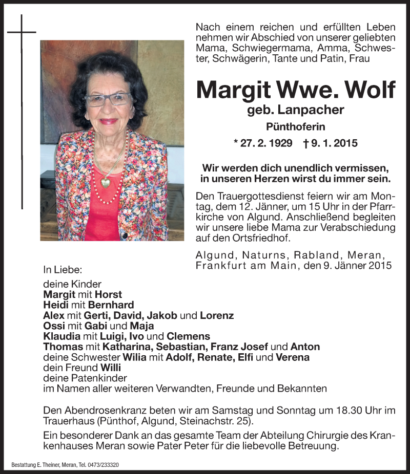  Traueranzeige für Margit Wolf vom 10.01.2015 aus Dolomiten