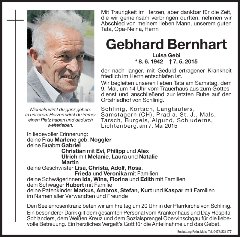  Traueranzeige für Gebhard Bernhart vom 08.05.2015 aus Dolomiten