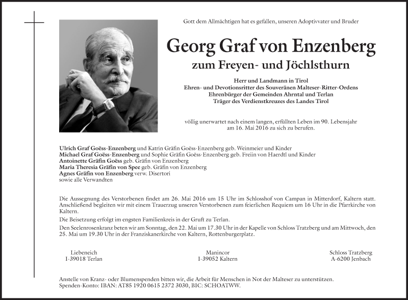  Traueranzeige für Georg Graf von Enzenberg vom 19.05.2016 aus Dolomiten