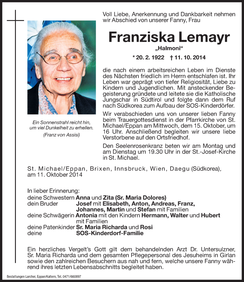  Traueranzeige für Franziska Lemayr vom 13.10.2014 aus Dolomiten