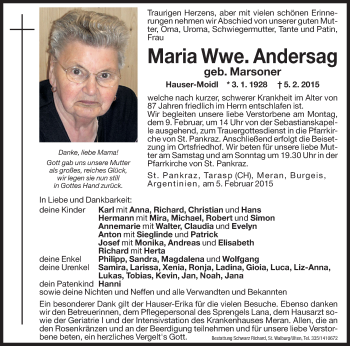 Traueranzeige von Maria Andersag von Dolomiten