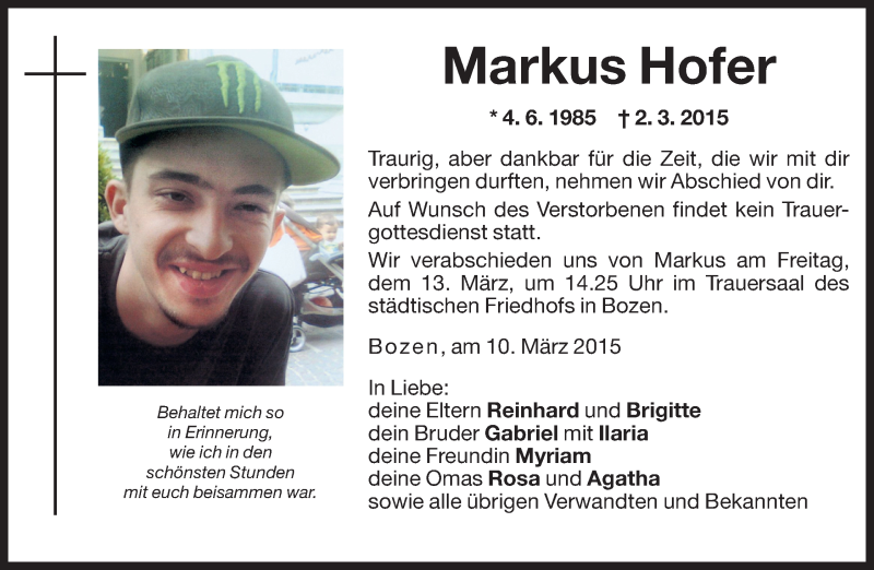  Traueranzeige für Markus Hofer vom 11.03.2015 aus Dolomiten