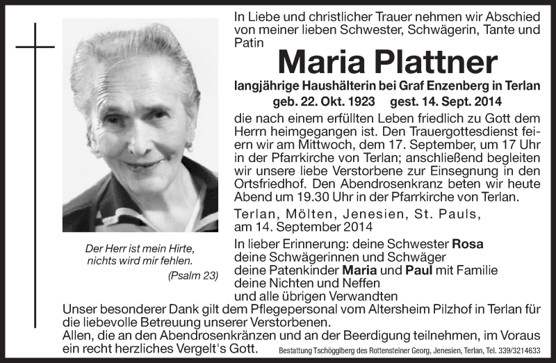  Traueranzeige für Maria Plattner vom 16.09.2014 aus Dolomiten