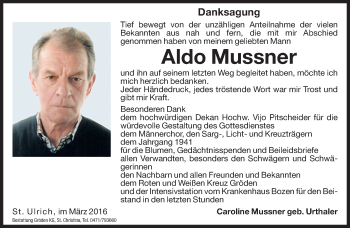Traueranzeige von Aldo Mussner von Dolomiten
