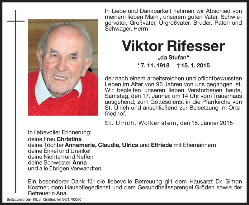  Traueranzeige für Viktor Rifesser vom 17.01.2015 aus Dolomiten